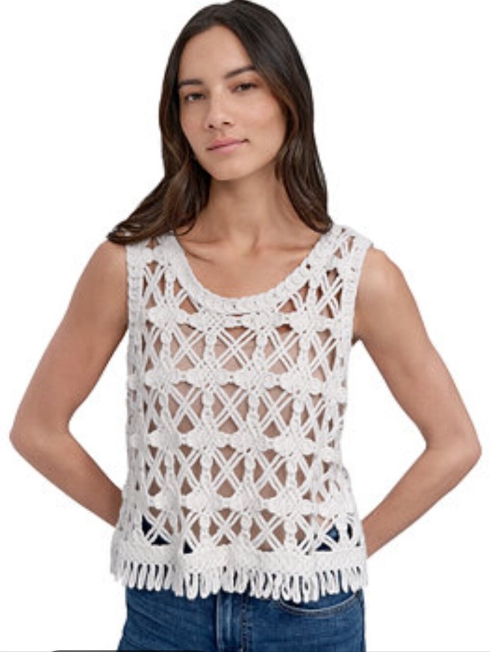 NWT DKNY Jeans Crochet Scoop Neck Cotton Blend Tank Top Sheer Festival Small
